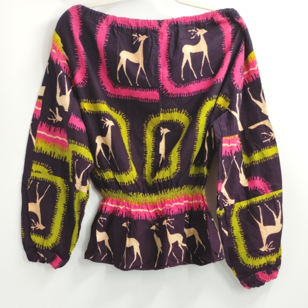 Handmade Block‎ Print Deer Long Sleeve Purple Blouse